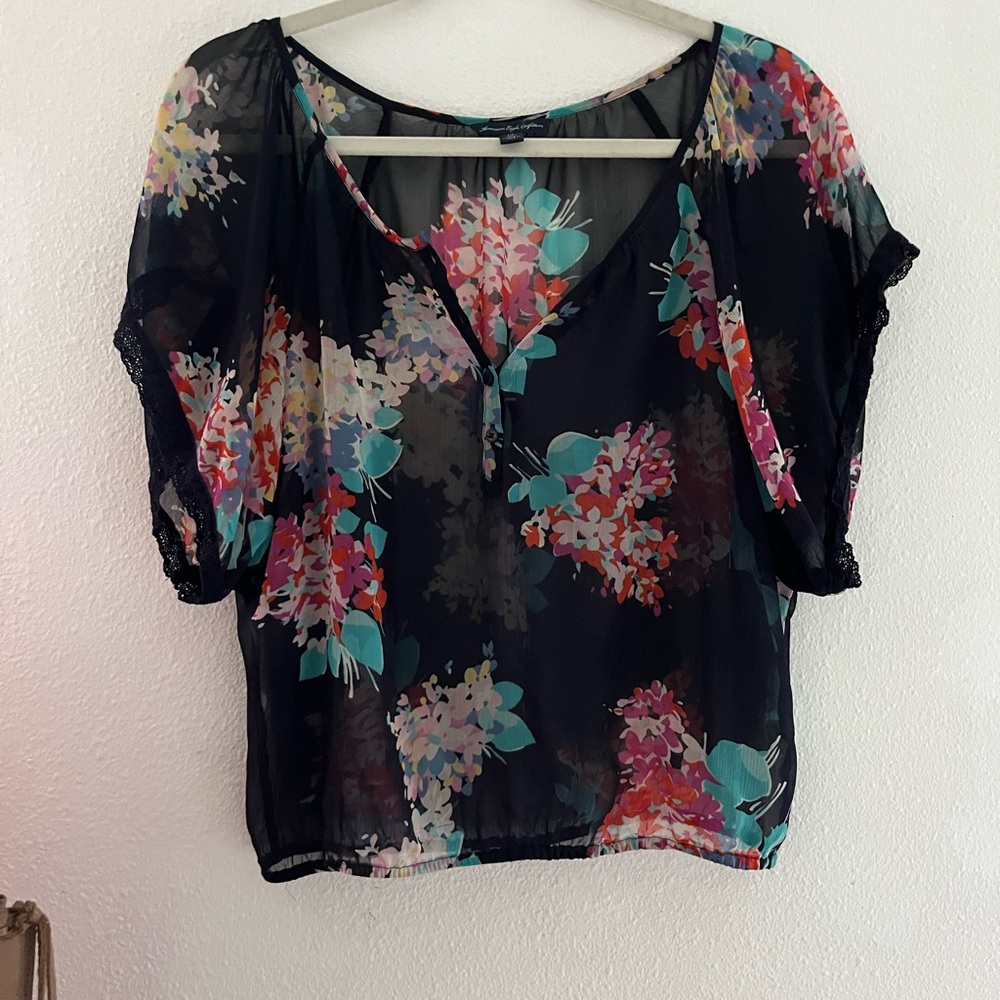 American Eagle Sheer Black Floral Blouse